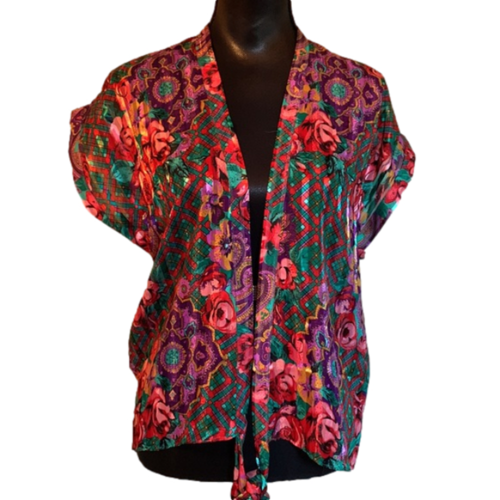 VINTAGE Victoria’s Secret Gold Label Floral Satin Kimono Tie Blouse One Size